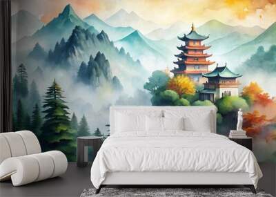 Abstract landscape template with Asian icon elements. Moutain forest background with watercolor painitng texture. Wall mural