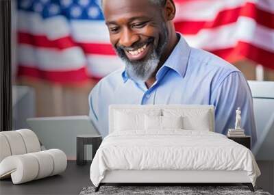 African American man, male voter votes for US presidential candidate in voting booth using tablet computer. US citizen at polling station. Election Day in the United States of America. High angle. Wall mural