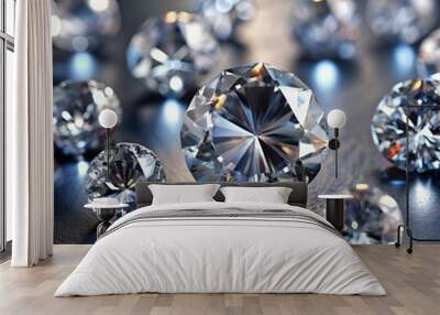 Beautiful shiny diamonds on dark gray table, closeup Wall mural