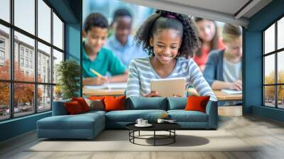 Black teenage girl uses digital tablet while having break with her classmates in classroom. Wall mural