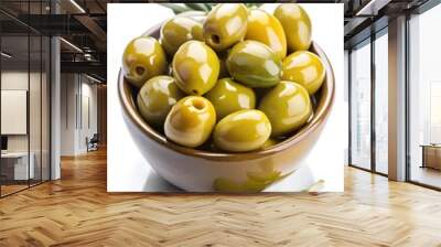 Collection of delicious green olives, isolated on white background Wall mural