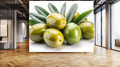 Delicious green olives with leaves, isolated on white background Wall mural