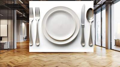 Empty plate, Spoon, fork, knife, clipping path, white background, isolated, top view Wall mural