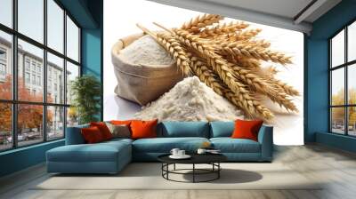 Flour and wheat ears, with grain isolated on white background Wall mural