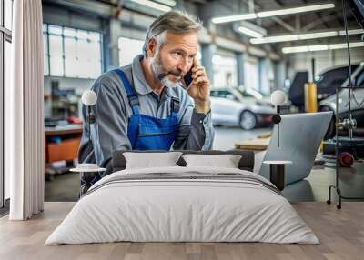 Foreman of auto mechanic workshop talking on the phone while using computer in the office. Wall mural