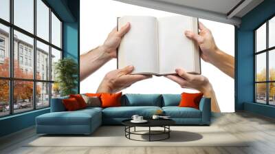 Hands sharing blank book, isolated on white background Wall mural