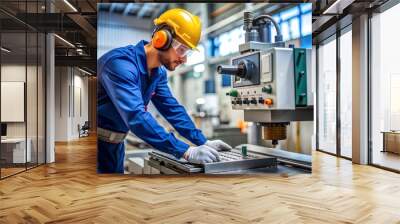 Industrial facility employee working at CNC machine. Wall mural