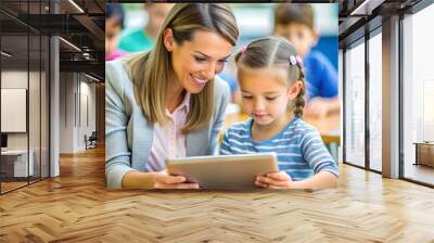 Little girl uses touchpad with teacher's assistance during class at elementary school. Wall mural