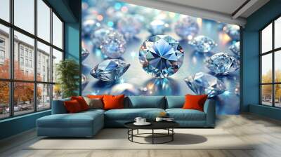 Many beautiful shiny diamonds on light background, closeup Wall mural