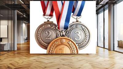 Medals for the first prize.  A gold medal with the number 1 written on it. A silver medal with the number 2 written on it. A bronze medal with the number 3 written on it.  isolated white background Wall mural