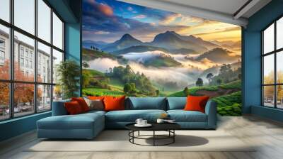 Mountains under mist in the morning Amazing nature scenery form Kerala God's own Country Tourism and travel concept image, Fresh and relax type nature image Wall mural