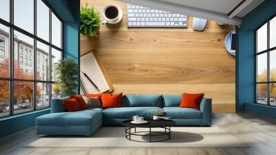 Office desk table with copy space, view from above Wall mural