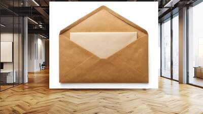 Open brown envelope with a blank paper inside, isolated on white background Wall mural