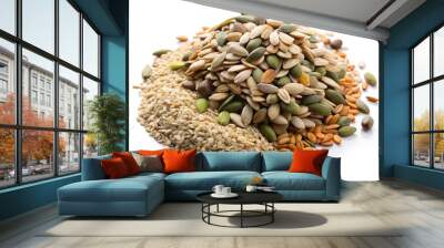 Pile mix seeds, sunflower, sesame, linseed and pumpkin seed isolated on white background Wall mural