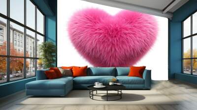 Pink volumetric fur heart isolated on white Wall mural