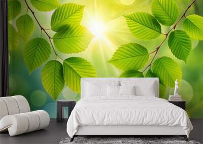 Spring background, green tree leaves on blurred background Wall mural