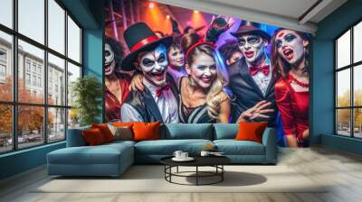 Young people, men and women dressed in themed costumes, with creepy makeup, attending Halloween party at nightclub, dancing, laughing. Concept of Halloween, holiday, party, leisure Wall mural