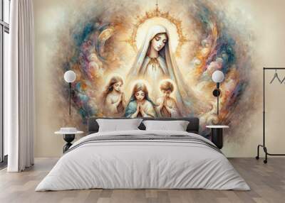 Heavenly Visions of the Virgin Mary: The Three Shepherd Children in Devout Prayer at the Miracle of Fatima Wall mural