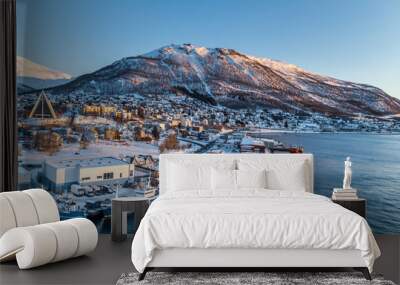 Aerial view to the city of Tromso and it's marina in winter, North Norway. Wall mural