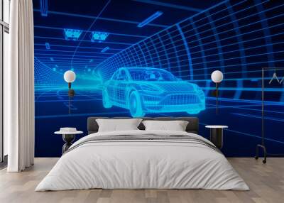 Blue wireframe Modern Electric car rides through Blue tunnel 3d rendering Wall mural