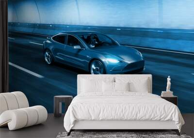 Modern Electric car rides through tunnel with cold blue light style 3d rendering Wall mural