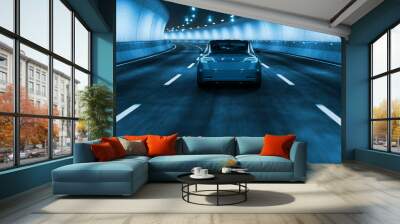 Modern Electric car rides through tunnel with cold blue light style 3d rendering Wall mural