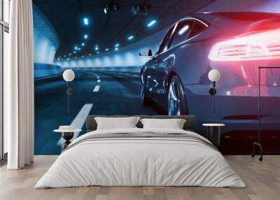 Modern Electric car rides through tunnel with cold blue light style Wall mural