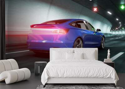 Modern Electric car rides through tunnel with Gray Cyan light style 3d rendering Wall mural