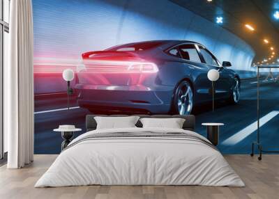 Modern Electric car rides through tunnel with warm yellow light 3d rendering Wall mural