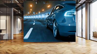 Modern Electric car rides through tunnel with warm yellow light 3d rendering Wall mural