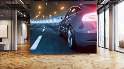 Modern Electric car rides through tunnel with warm yellow light 3d rendering Wall mural