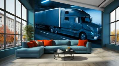 Trailer truck rides through tunnel with cold blue light style 3d rendering Wall mural