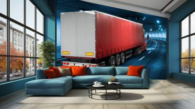 Trailer truck rides through tunnel with cold blue light style 3d rendering Wall mural