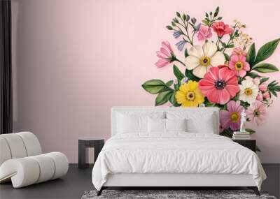 A beautiful arrangement of colorful flowers on a soft pink background. Wall mural