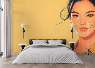 A vibrant portrait of a young woman with flowing hair, exuding confidence against a warm yellow background. Wall mural