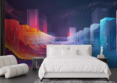 An illustration of colorful datacenters pulsating with activity showcases the vibrant heartbeat of global communication networks, hitech background sharpen with copy space Wall mural