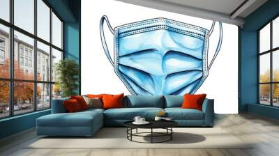 Blue medical face mask illustration on a white isolated background. Wall mural