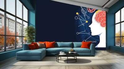 Creative brain illustration with technology elements, dark background. Wall mural