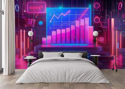 Illustration podium of ecommerce growth strategies, boosting online sales potential, in synth wave styles, banner best copy space Wall mural