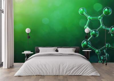 Molecular structure with green bokeh background, representing scientific research and innovation. Wall mural