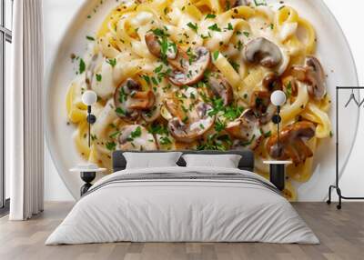 Creamy mushroom pasta on a plate on a transparent background Wall mural