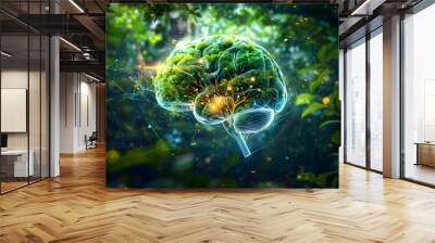 Brain Immersed in Vibrant Forest Ecosystem - Conceptual Neuroscience Wall mural