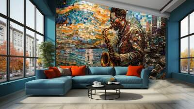 Colorful Mosaic Mural of Saxophonist and Cityscape. Wall mural