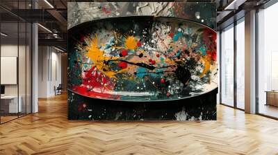 Colorful Splatter Paint on Black Dish. Wall mural