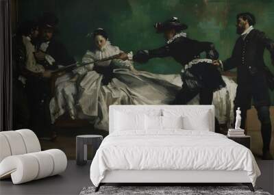 Dramatic Painting of a Woman Being Held at Gunpoint by Men in Historical Dress. Wall mural