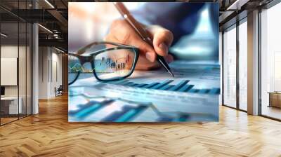 Financial Analyst Reviewing Market Data and Graphs at Desk Wall mural