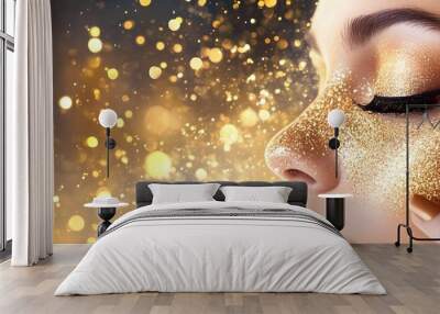 Golden Glitter Makeup and Bokeh Background. Wall mural