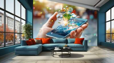 Hand Holding Smartphone with Global Travel Destinations Concept. Wall mural