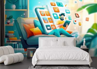 Man Relaxing on Couch with Smartphone and Tablet Surrounded by Social Media Icons. Wall mural