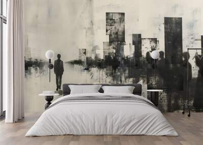 Silhouette of a Person Walking Away from a Cityscape. Wall mural